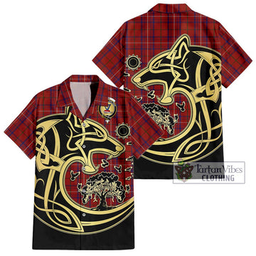 Rose Tartan Short Sleeve Button Shirt with Family Crest Celtic Wolf Style Kid - Tartan Vibes Clothing