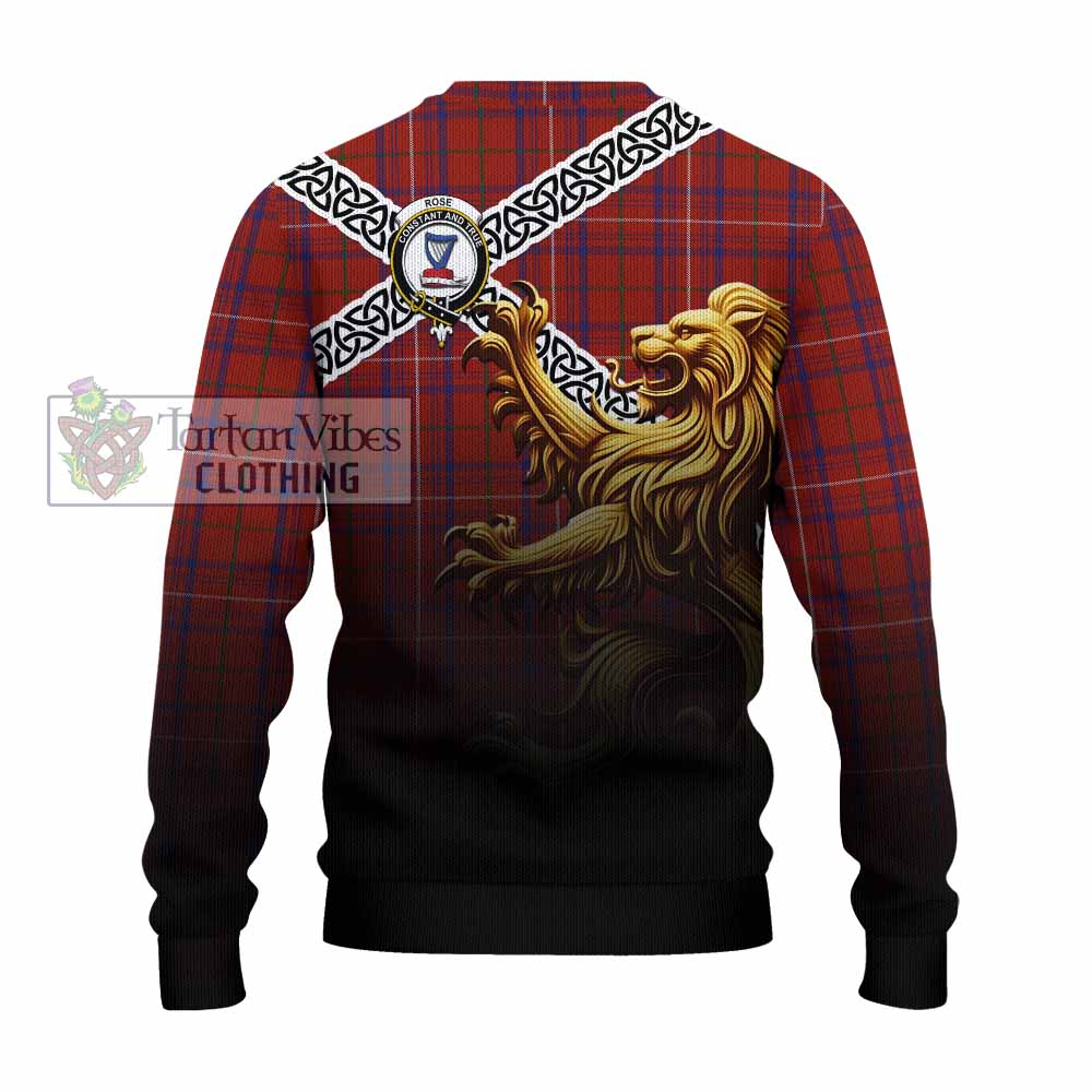 Tartan Vibes Clothing Rose Crest Tartan Knitted Sweater with Golden Lion Emblem Celtic Style