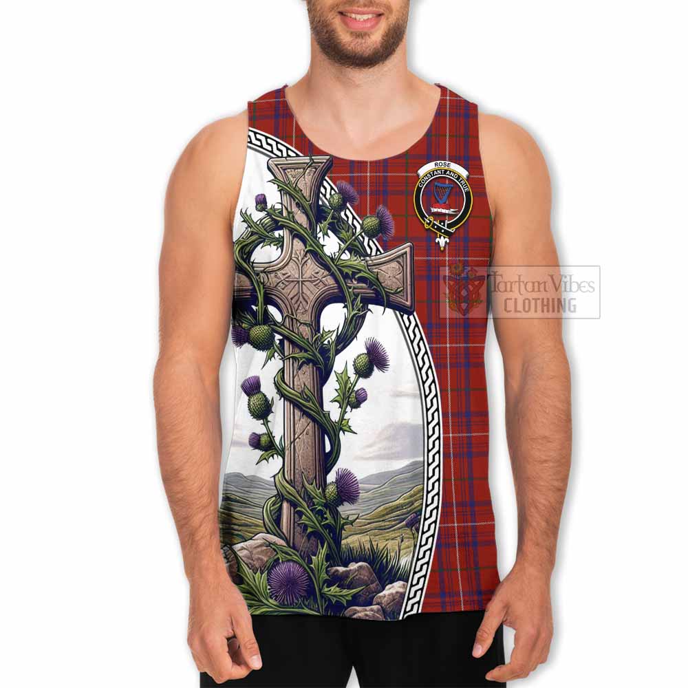 Tartan Vibes Clothing Rose Tartan Men's Tank Top with Family Crest and St. Andrew's Cross Accented by Thistle Vines