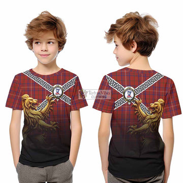 Rose Crest Tartan Kid T-Shirt with Golden Lion Emblem Celtic Style