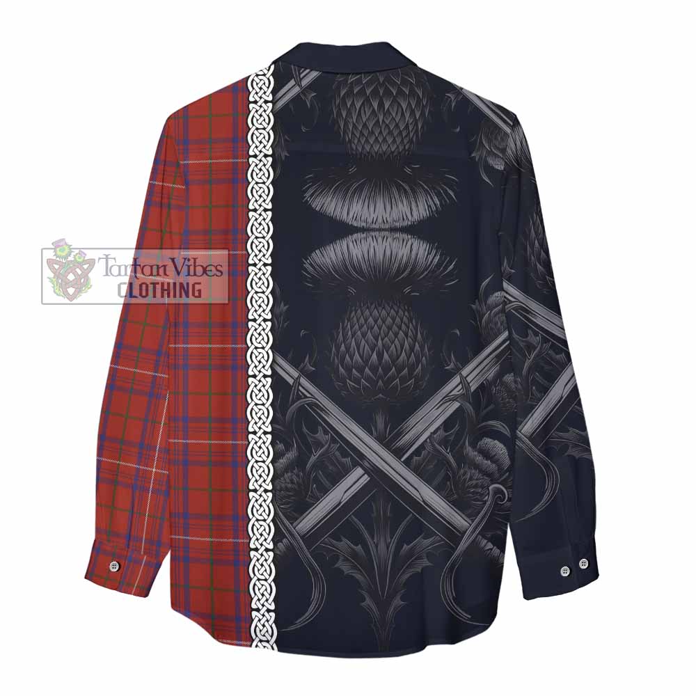 Tartan Vibes Clothing Rose Tartan Women's Casual Shirt with Family Crest Cross Sword Thistle Celtic Vibes