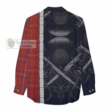 Tartan Vibes Clothing Rose Tartan Women's Casual Shirt with Family Crest Cross Sword Thistle Celtic Vibes