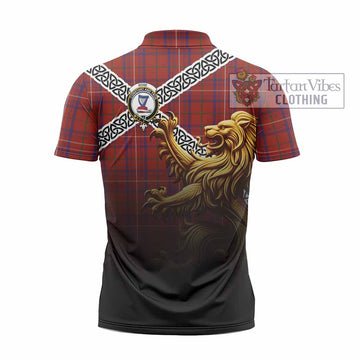 Rose Crest Tartan Zipper Polo Shirt with Golden Lion Emblem Celtic Style