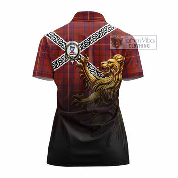Rose Crest Tartan Women's Polo Shirt with Golden Lion Emblem Celtic Style