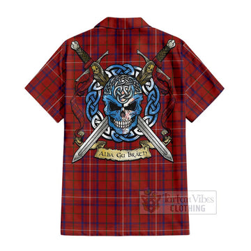 Tartan Vibes Clothing Rose Tartan Short Sleeve Button Shirt with Family Crest Celtic Skull Style