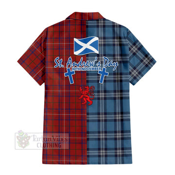 Tartan Vibes Clothing Rose Tartan Short Sleeve Button Shirt Happy St. Andrew's Day Half Tartan Style