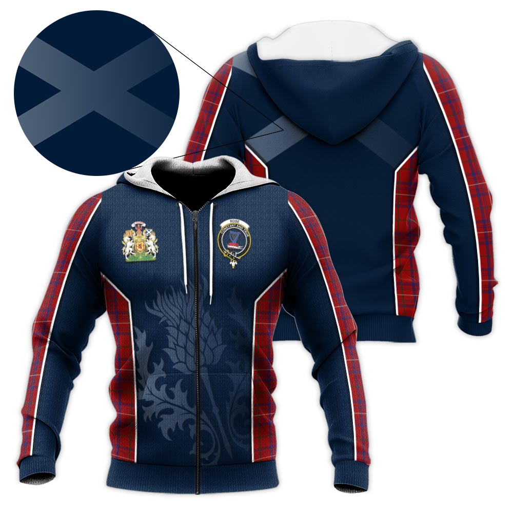 Tartan Vibes Clothing Rose Tartan Knitted Hoodie with Family Crest and Scottish Thistle Vibes Sport Style