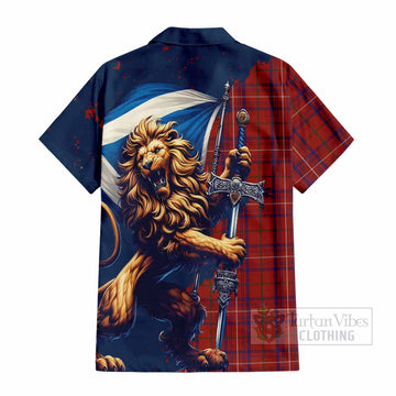 Tartan Vibes Clothing Rose Tartan Family Crest Short Sleeve Button Shirt with Scottish Majestic Lion
