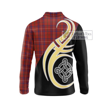 Rose Tartan Long Sleeve Polo Shirt with Family Crest and Celtic Symbol Style - Tartan Vibes Clothing