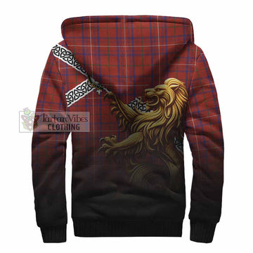 Rose Crest Tartan Sherpa Hoodie with Golden Lion Emblem Celtic Style