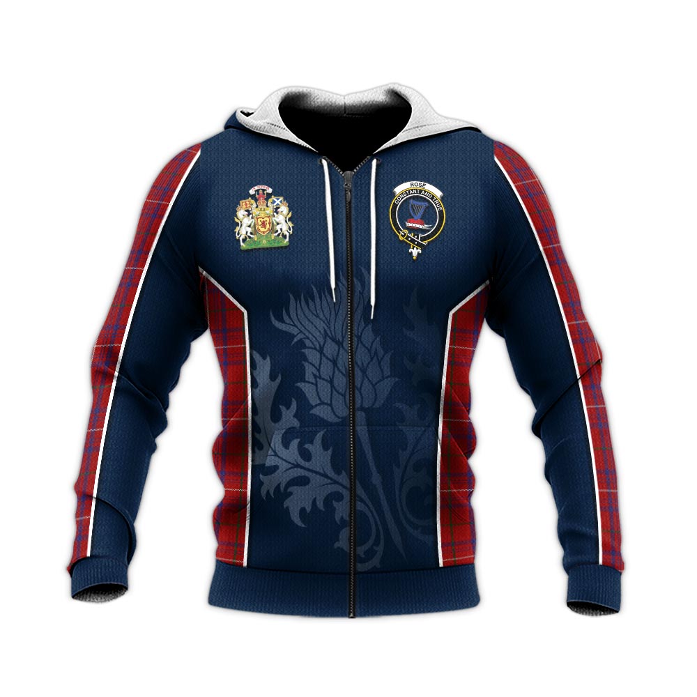 Tartan Vibes Clothing Rose Tartan Knitted Hoodie with Family Crest and Scottish Thistle Vibes Sport Style
