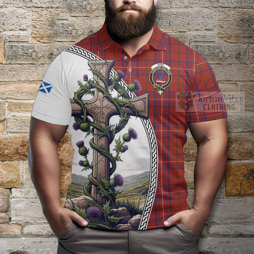 Tartan Vibes Clothing Rose Tartan Polo Shirt with Family Crest and St. Andrew's Cross Accented by Thistle Vines