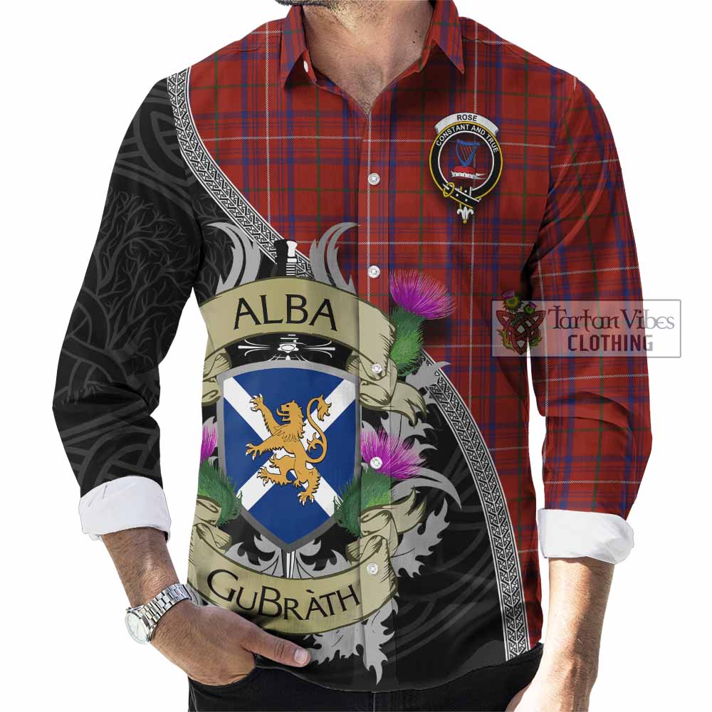 Tartan Vibes Clothing Rose Tartan Family Crest Long Sleeve Button Shirt Lion Rampant Royal Thistle Shield Celtic Inspired