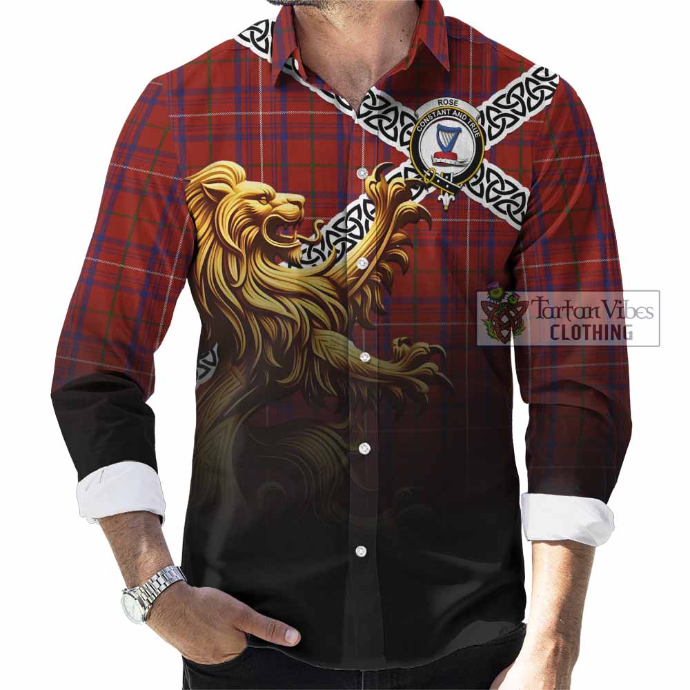 Tartan Vibes Clothing Rose Crest Tartan Long Sleeve Button Shirt with Golden Lion Emblem Celtic Style