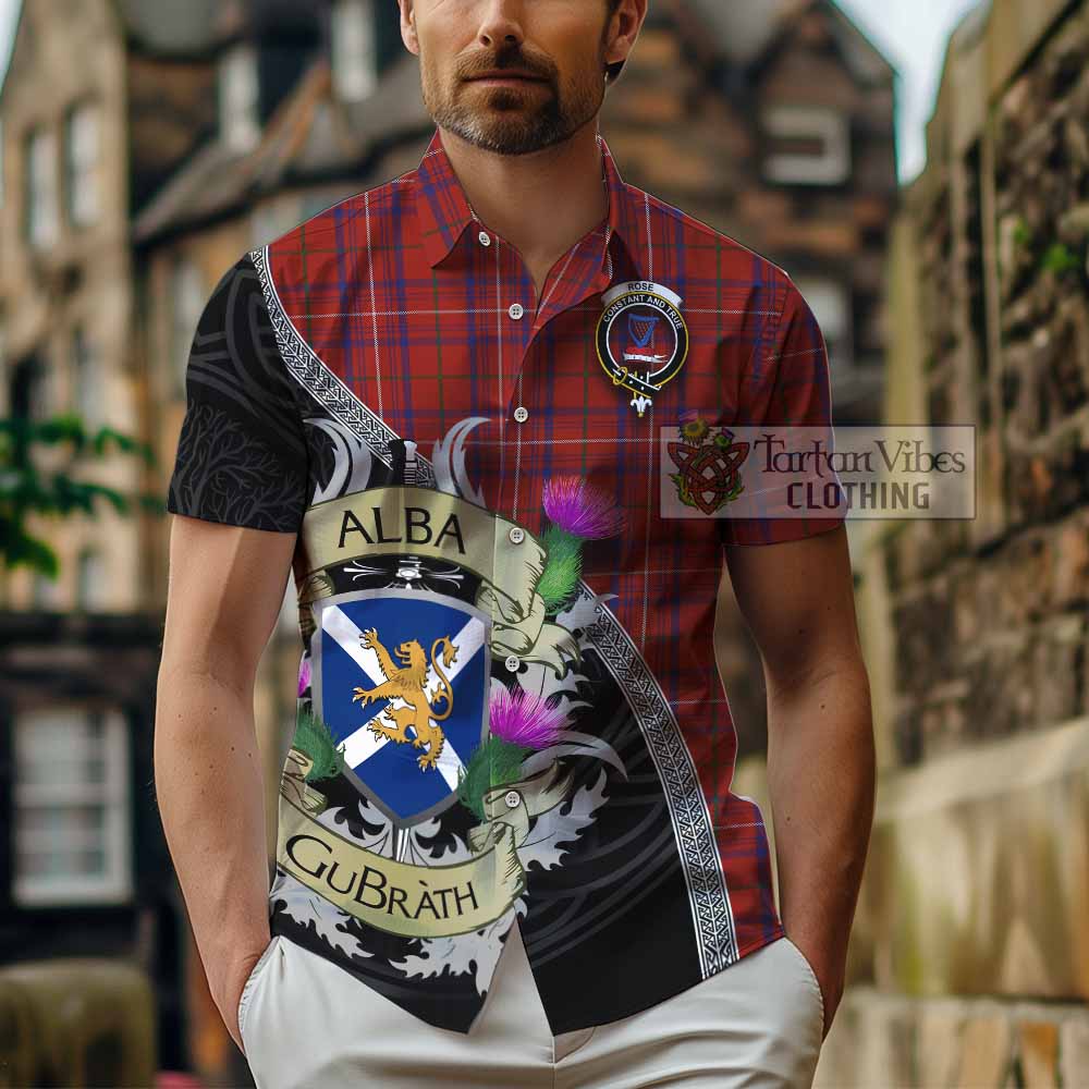 Tartan Vibes Clothing Rose Tartan Family Crest Short Sleeve Button Shirt Lion Rampant Royal Thistle Shield Celtic Inspired
