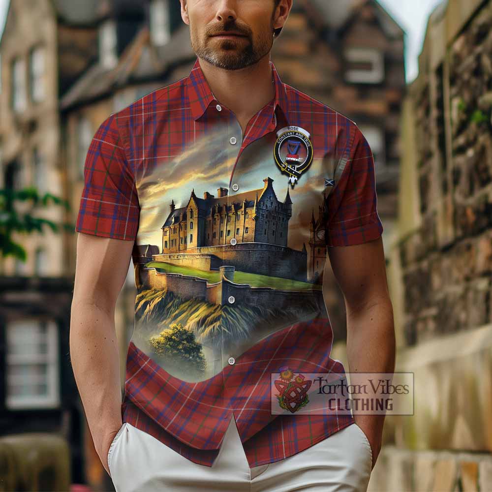 Tartan Vibes Clothing Rose Tartan Family Crest Short Sleeve Button Shirt with Scottish Ancient Castle Style