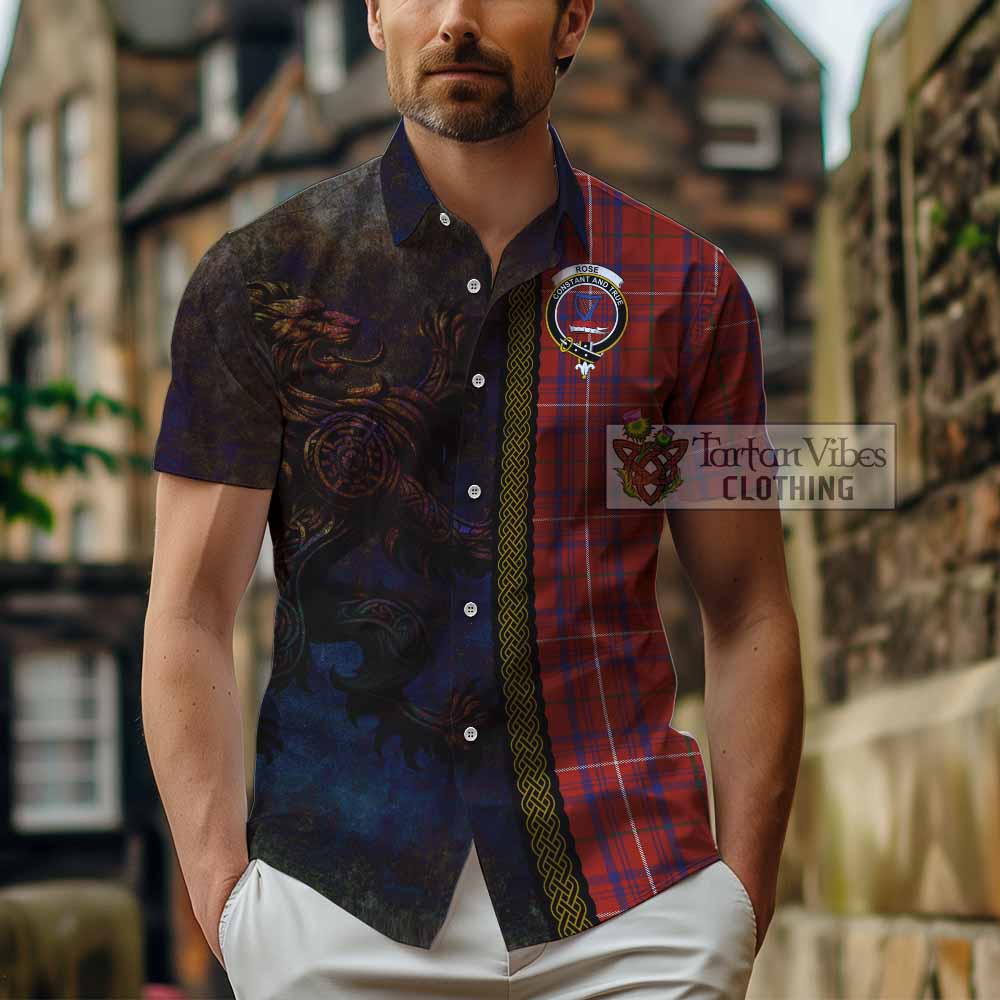 Tartan Vibes Clothing Rose Tartan Family Crest Short Sleeve Button Shirt Alba Gu Brath Be Brave Lion Ancient Style