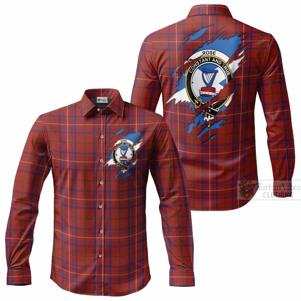 Rose Clan Crest In Me Tartan Long Sleeve Button Shirts Scotland Flag Style