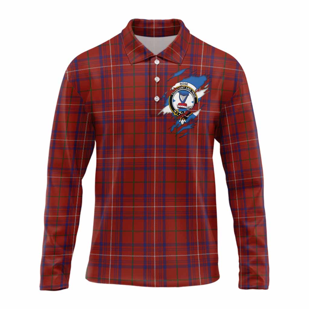 Rose Clan Crest In Me Tartan Long Sleeve Polo Shirt Scotland Flag Style
