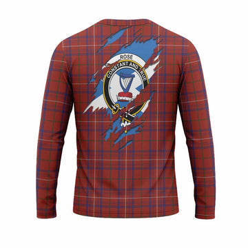 Rose Clan Crest In Me Tartan Long Sleeve T-Shirt Scotland Flag Style