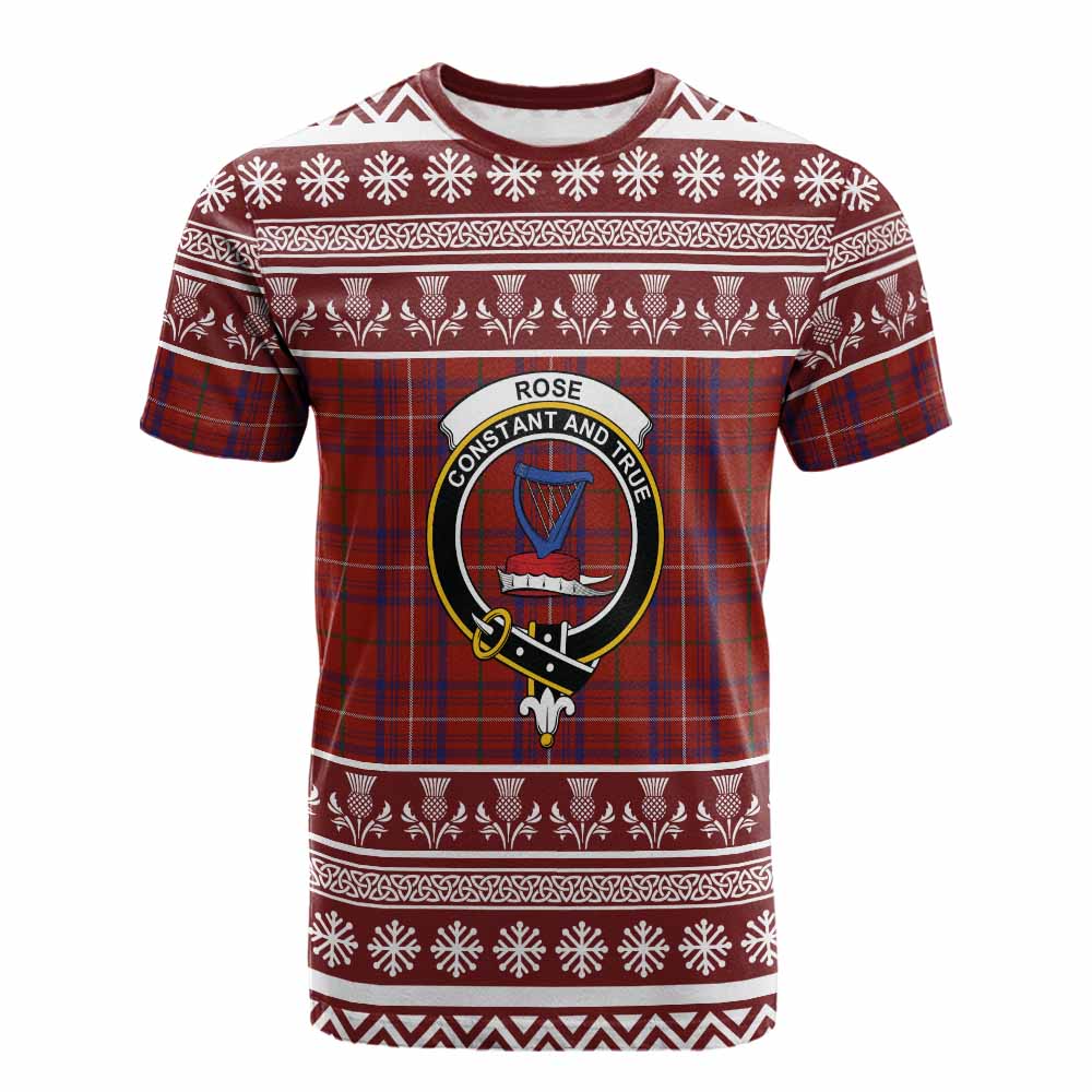 Rose Clan Tartan Christmas Cotton T-shirt with Family Crest - Tartan Vibes Clothing