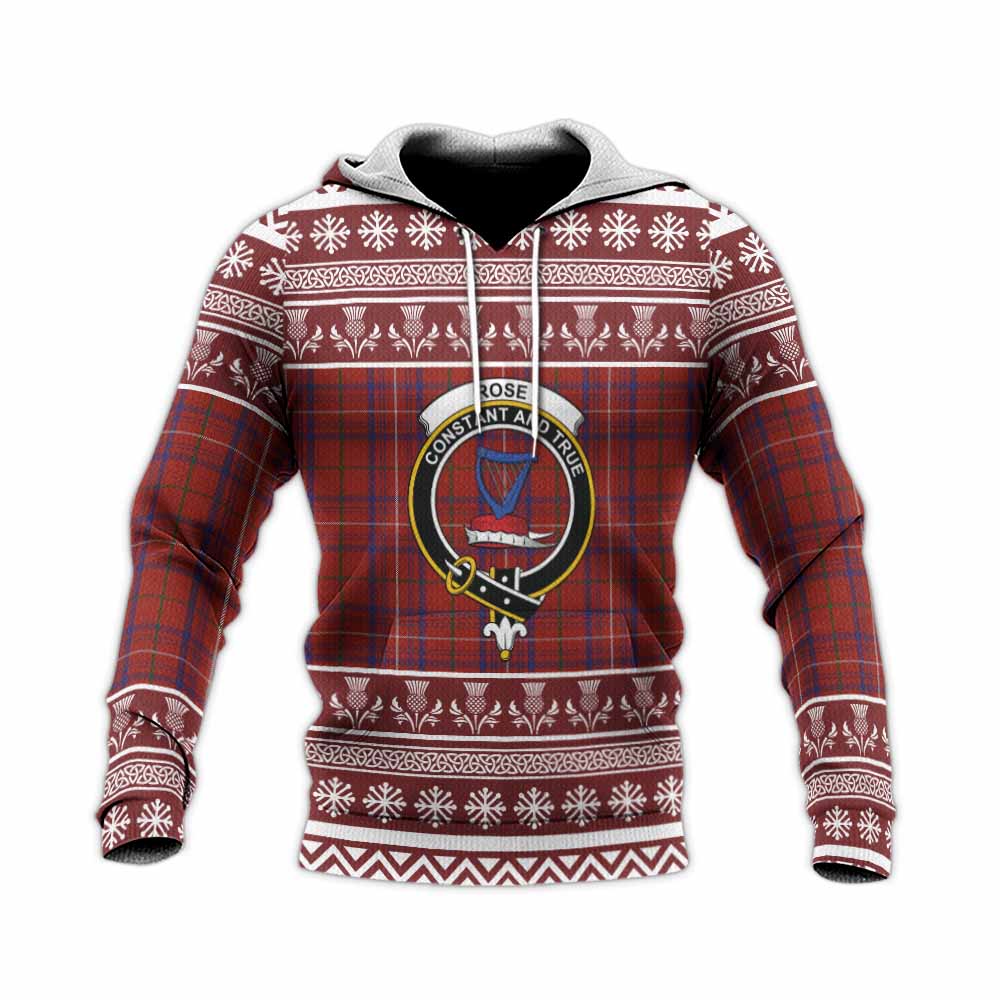 Rose Clan Tartan Christmas Knitted Hoodie with Family Crest - Tartan Vibes Clothing