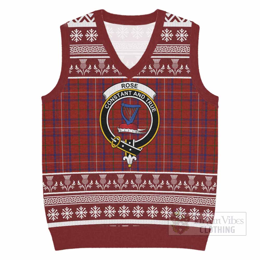 Rose Clan Tartan Christmas Knitted V-Neck Vest with Family Crest - Tartan Vibes Clothing