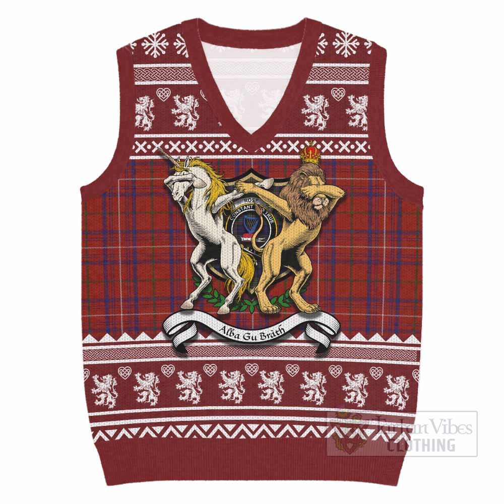 Rose Clan Tartan Crest Christmas Knitted V-Neck Vest Coat of Arms Funny Style - Tartan Vibes Clothing