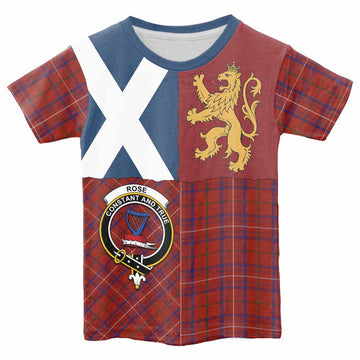 Rose Crest Tartan Kid T-shirt with Lion Rampant Saltire Style - Tartan Vibes Clothing