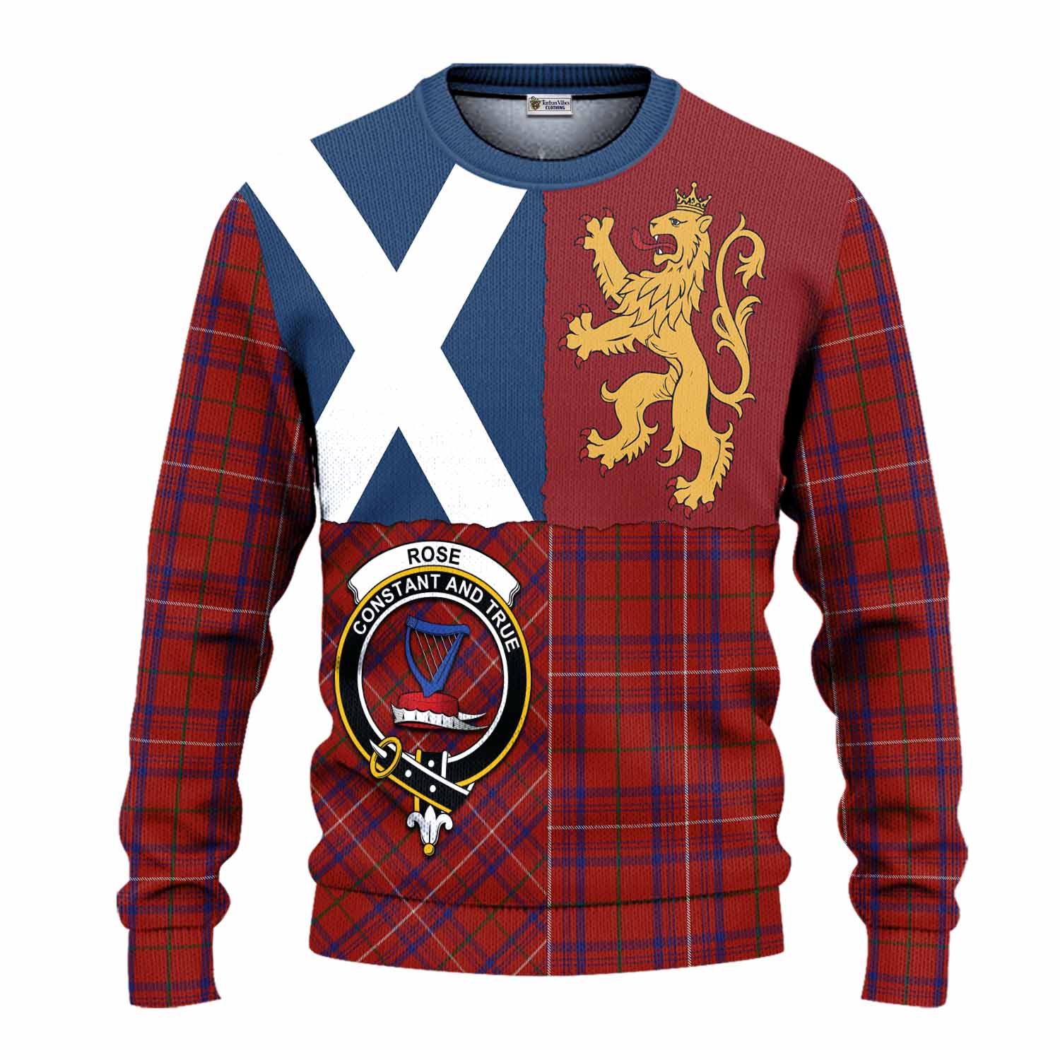 Rose Crest Tartan Knitted Sweater with Lion Rampant Saltire Style