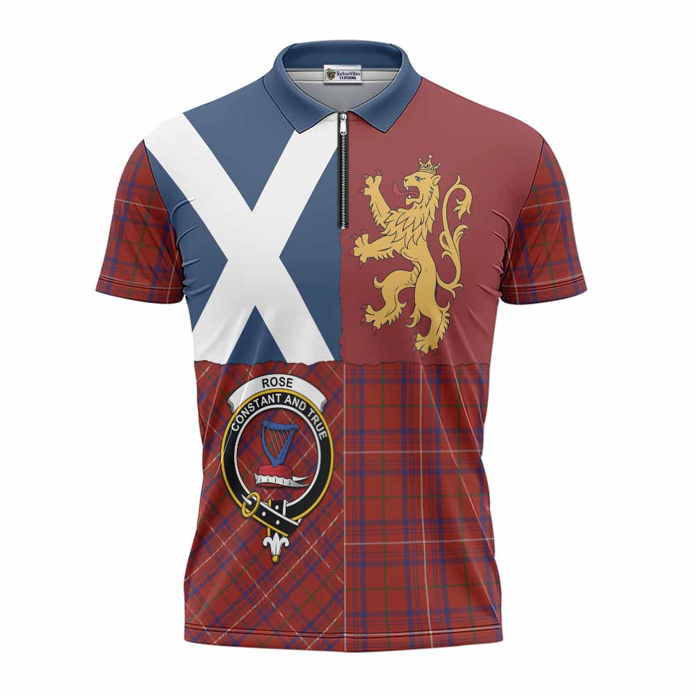 Rose Crest Tartan Zipper Polo Shirt with Lion Rampant Saltire Style