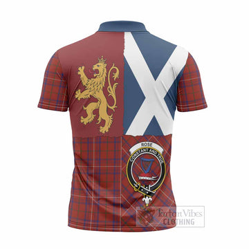 Rose Crest Tartan Zipper Polo Shirt with Lion Rampant Saltire Style