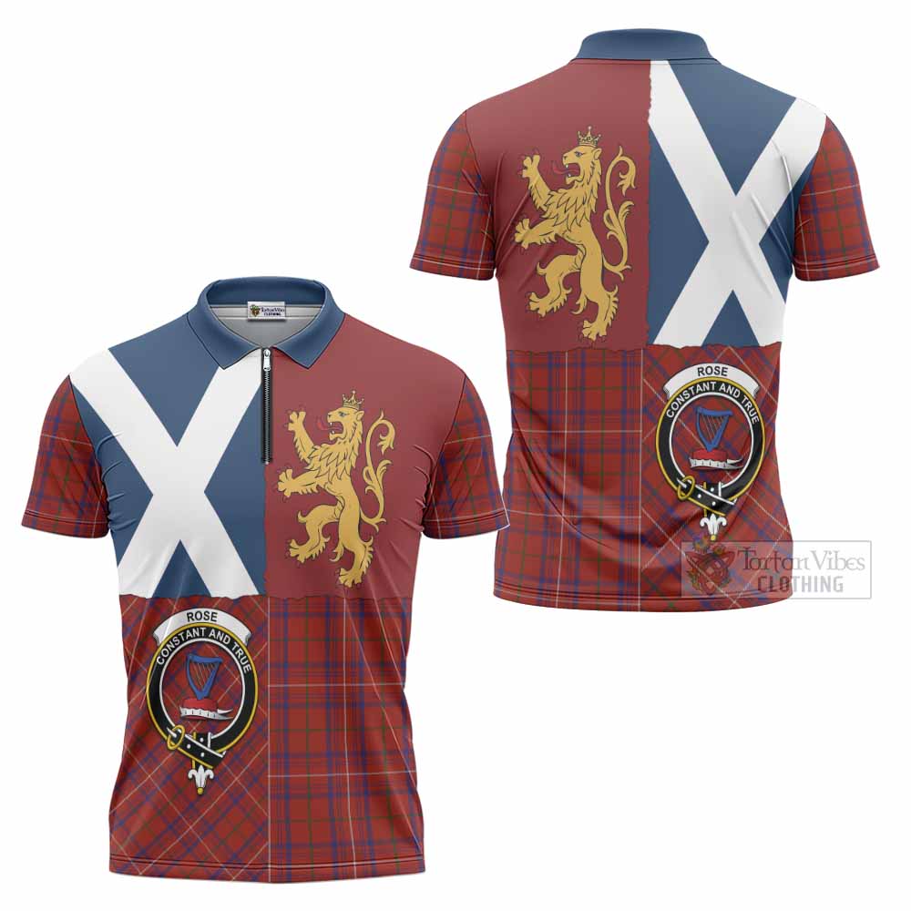 Rose Crest Tartan Zipper Polo Shirt with Lion Rampant Saltire Style
