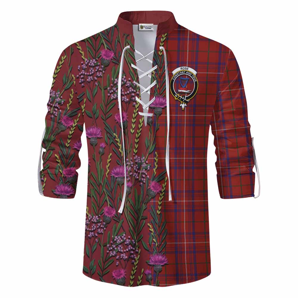 Rose Family Crest Tartan Ghillie Shirt Scottish Thistle Flower Pattern Half Style - Tartan Vibes Clothing