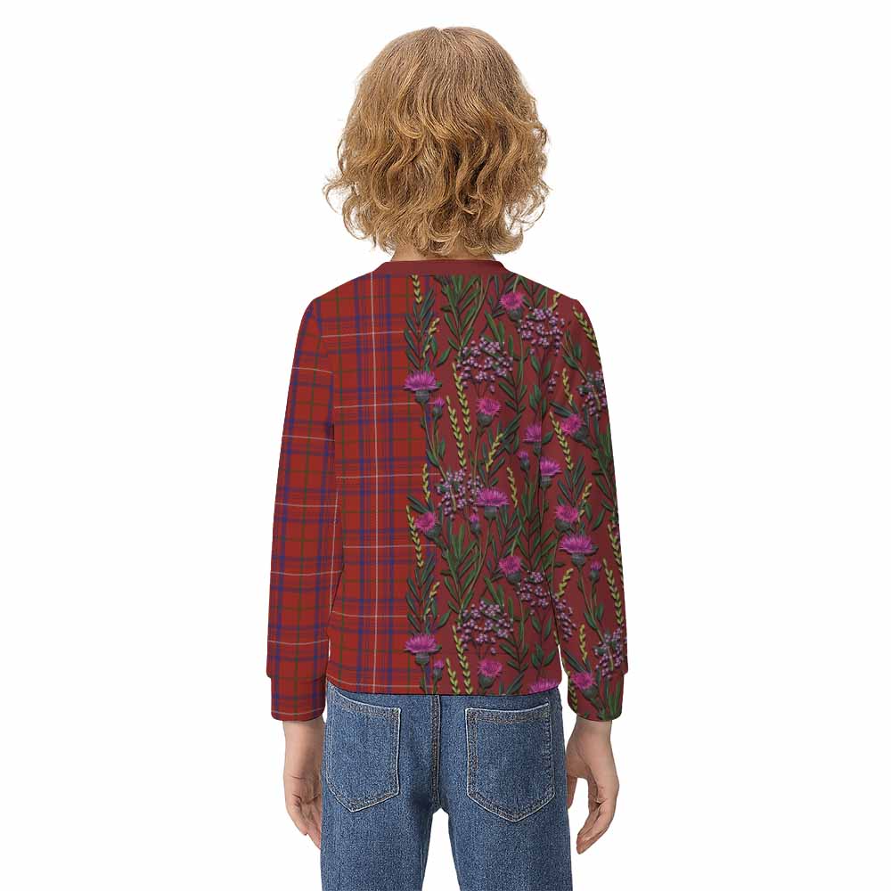 Rose Family Crest Tartan Kid Knitted Sweatshirt Scottish Thistle Flower Pattern Half Style - Tartan Vibes Clothing
