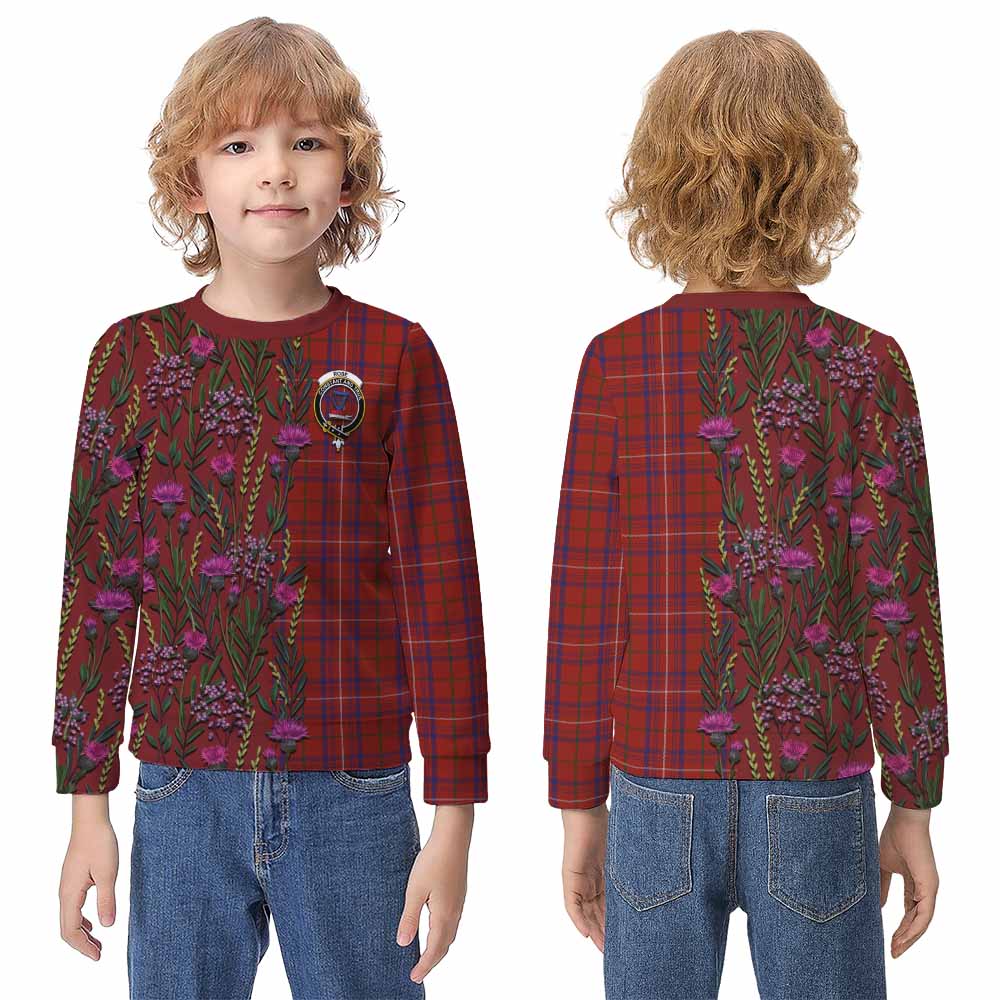Rose Family Crest Tartan Kid Knitted Sweatshirt Scottish Thistle Flower Pattern Half Style - Tartan Vibes Clothing