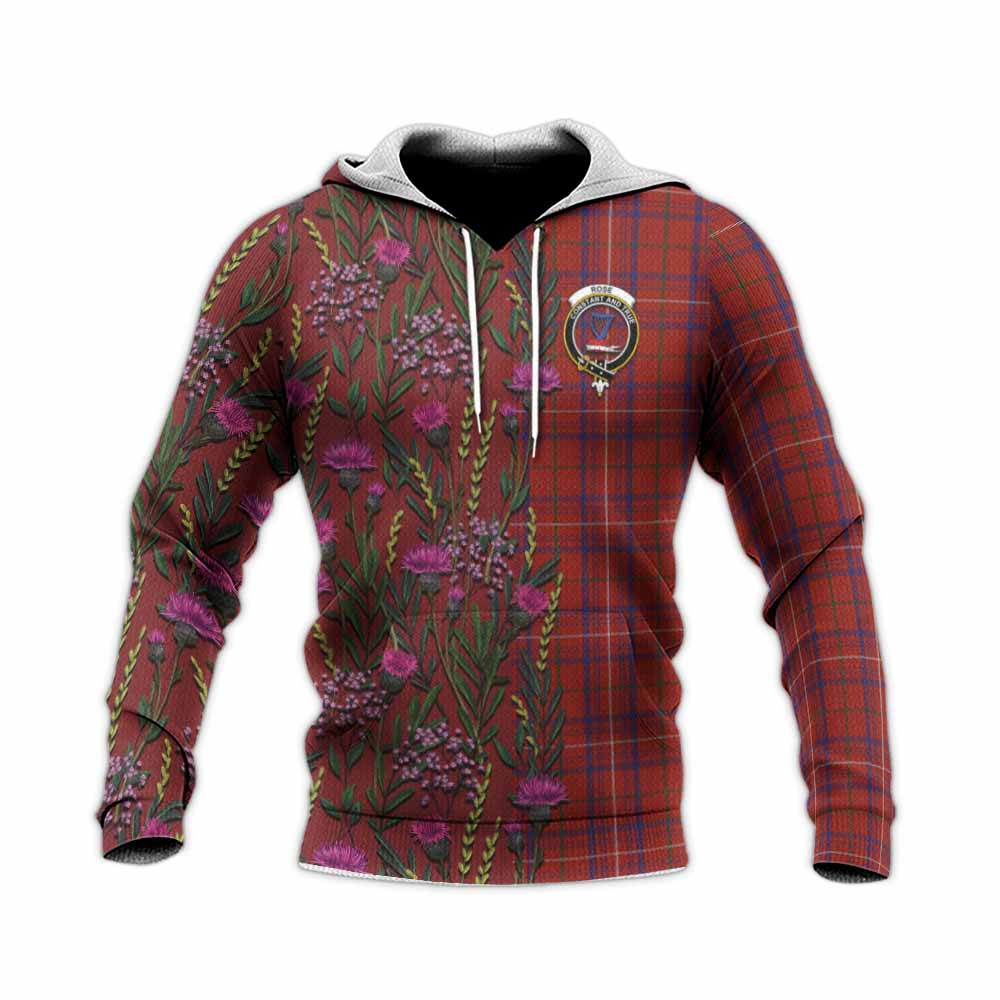 Rose Family Crest Tartan Knitted Hoodie Scottish Thistle Flower Pattern Half Style - Tartan Vibes Clothing