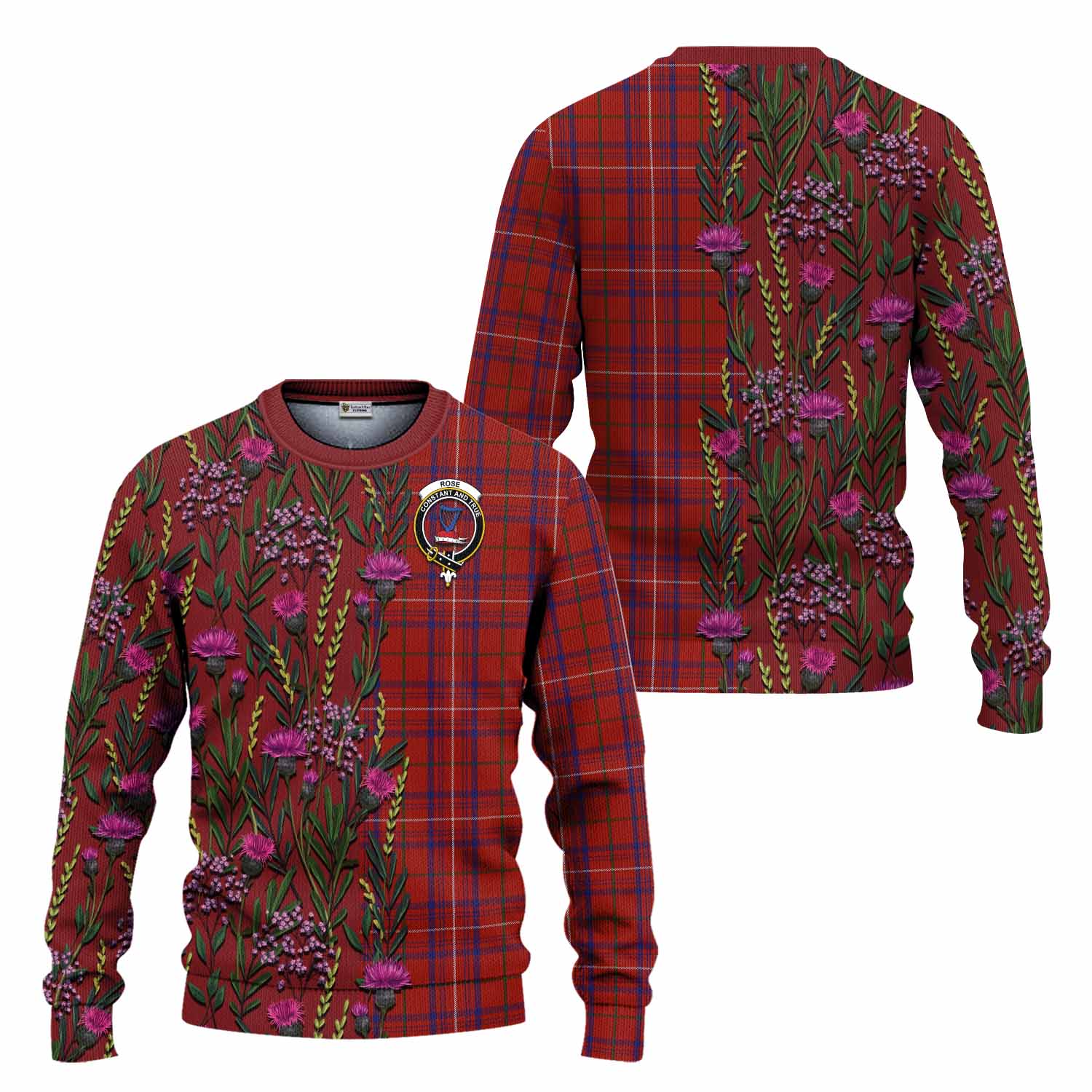 Rose Family Crest Tartan Knitted Sweater Scottish Thistle Flower Pattern Half Style - Tartan Vibes Clothing