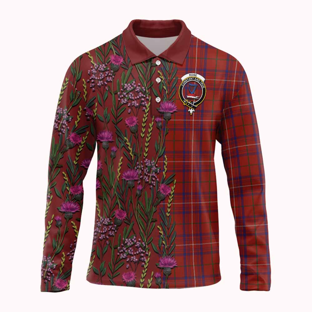 Rose Family Crest Tartan Long Sleeve Polo Shirt Scottish Thistle Flower Pattern Half Style - Tartan Vibes Clothing