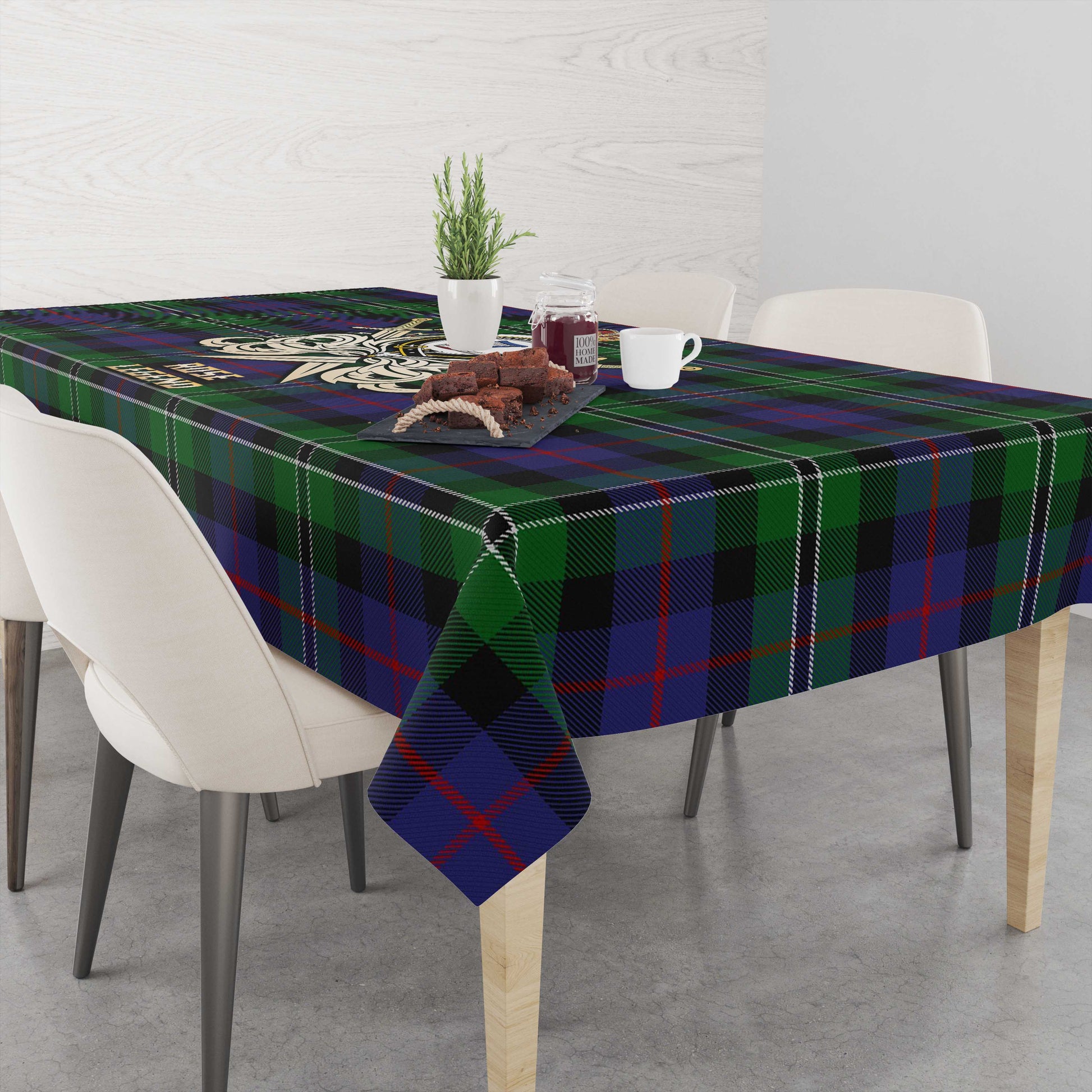 Tartan Vibes Clothing Rose Hunting Tartan Tablecloth with Clan Crest and the Golden Sword of Courageous Legacy