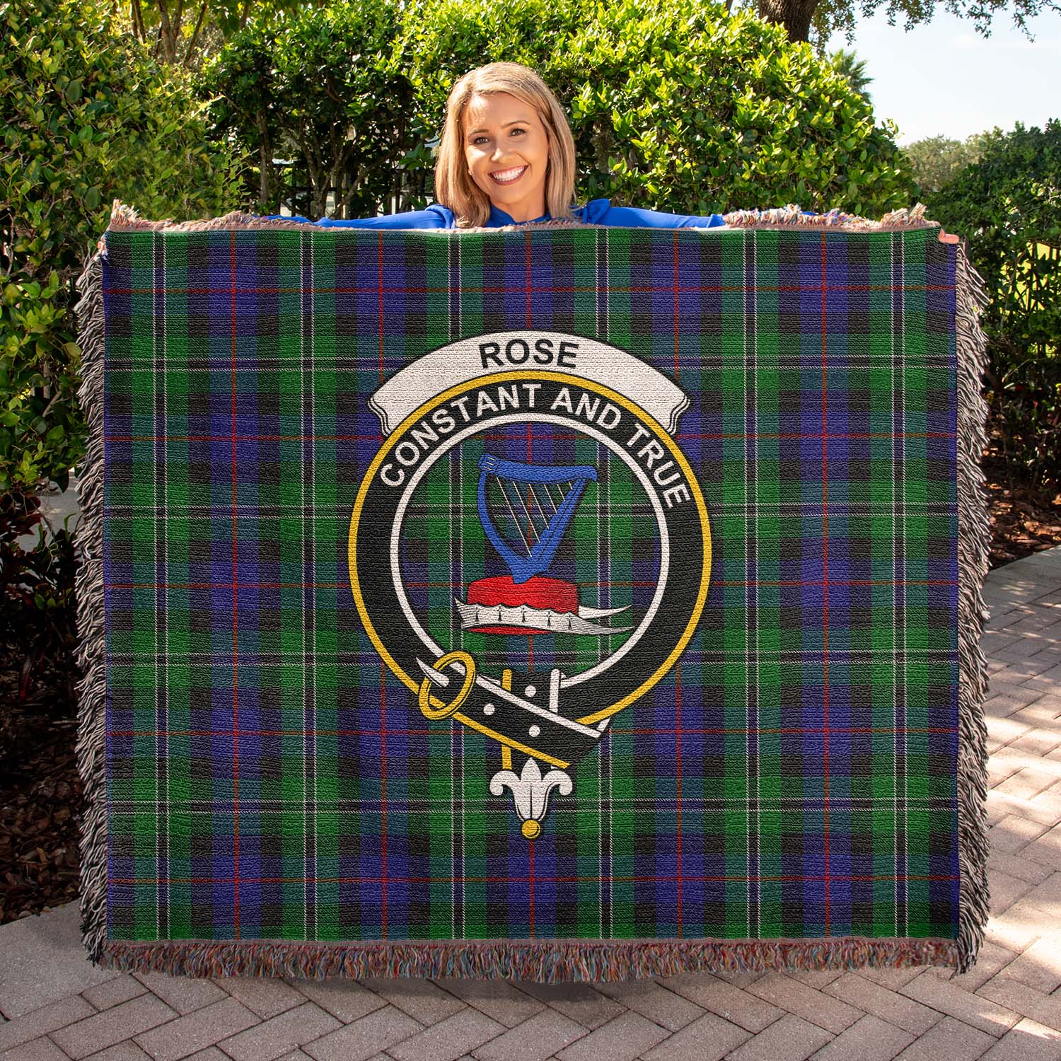 Tartan Vibes Clothing Rose Hunting Tartan Woven Blanket with Family Crest