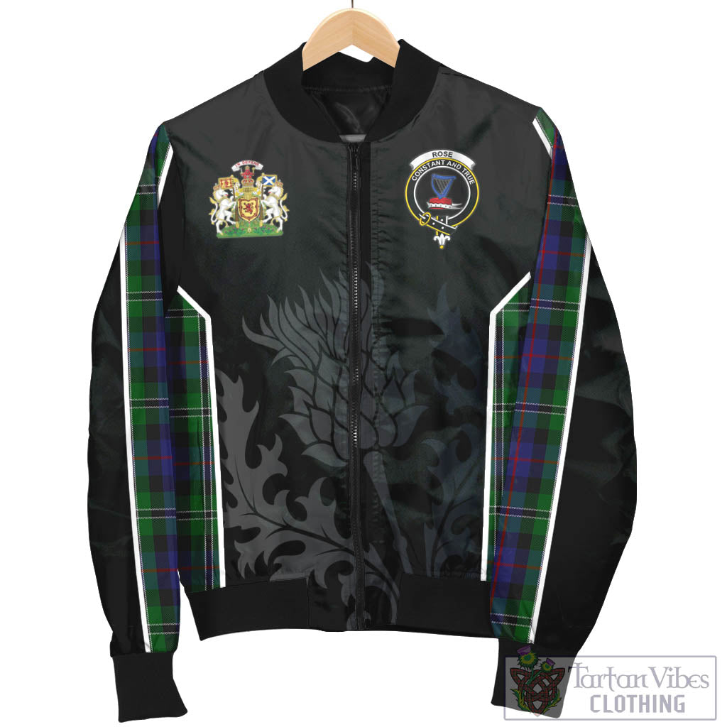 Tartan Vibes Clothing Rose Hunting Tartan Bomber Jacket with Family Crest and Scottish Thistle Vibes Sport Style