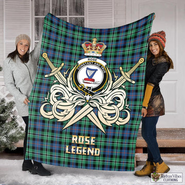 Rose Hunting Ancient Tartan Blanket with Clan Crest and the Golden Sword of Courageous Legacy