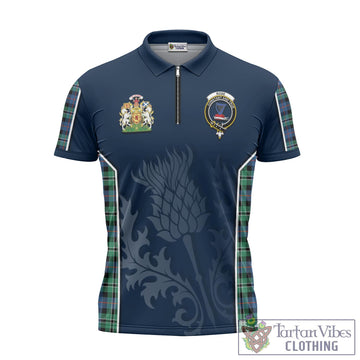 Rose Hunting Ancient Tartan Zipper Polo Shirt with Family Crest and Scottish Thistle Vibes Sport Style