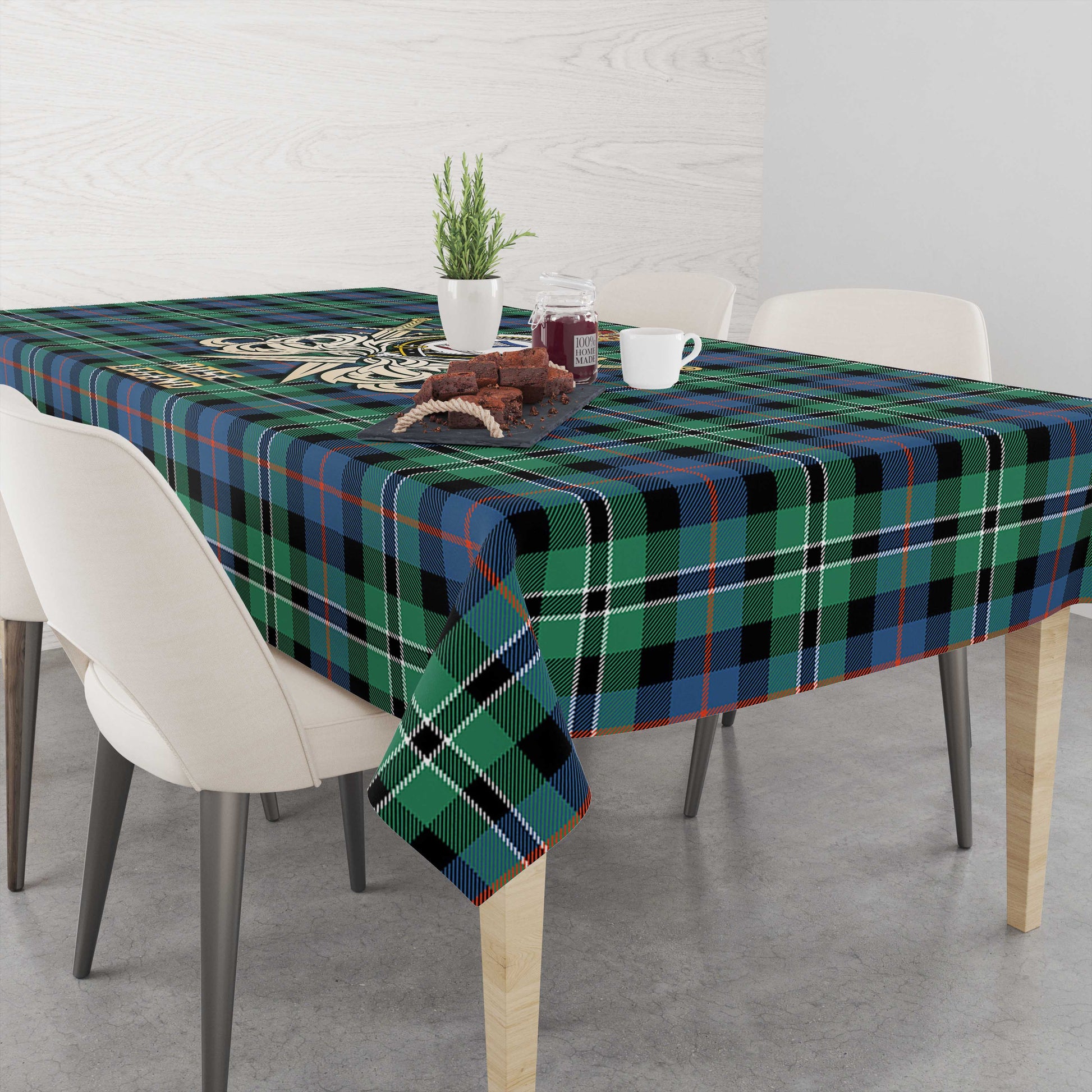 Tartan Vibes Clothing Rose Hunting Ancient Tartan Tablecloth with Clan Crest and the Golden Sword of Courageous Legacy
