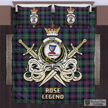 Rose Hunting Modern Tartan Bedding Set with Clan Crest and the Golden Sword of Courageous Legacy