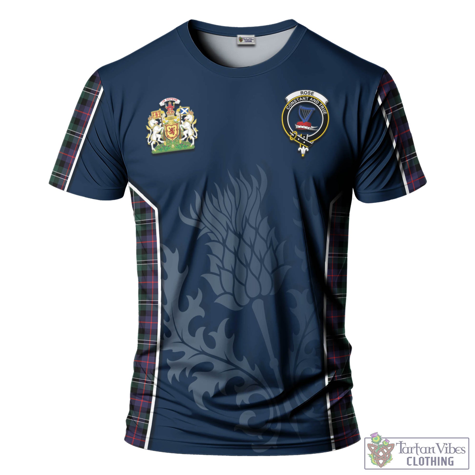 Tartan Vibes Clothing Rose Hunting Modern Tartan T-Shirt with Family Crest and Scottish Thistle Vibes Sport Style