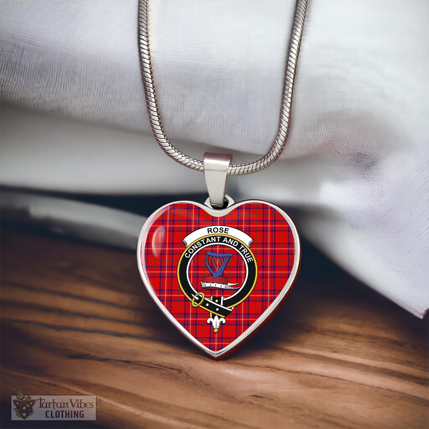 Tartan Vibes Clothing Rose Modern Tartan Heart Necklace with Family Crest