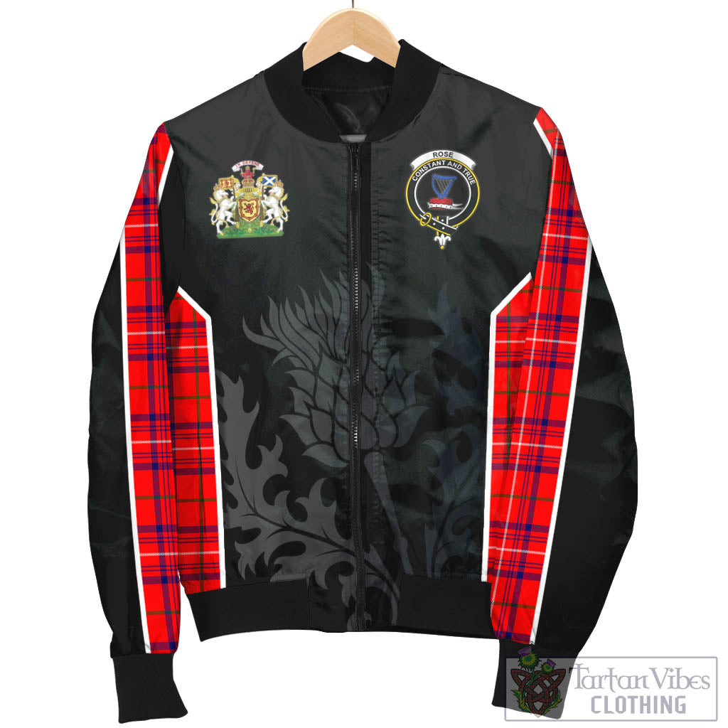 Tartan Vibes Clothing Rose Modern Tartan Bomber Jacket with Family Crest and Scottish Thistle Vibes Sport Style