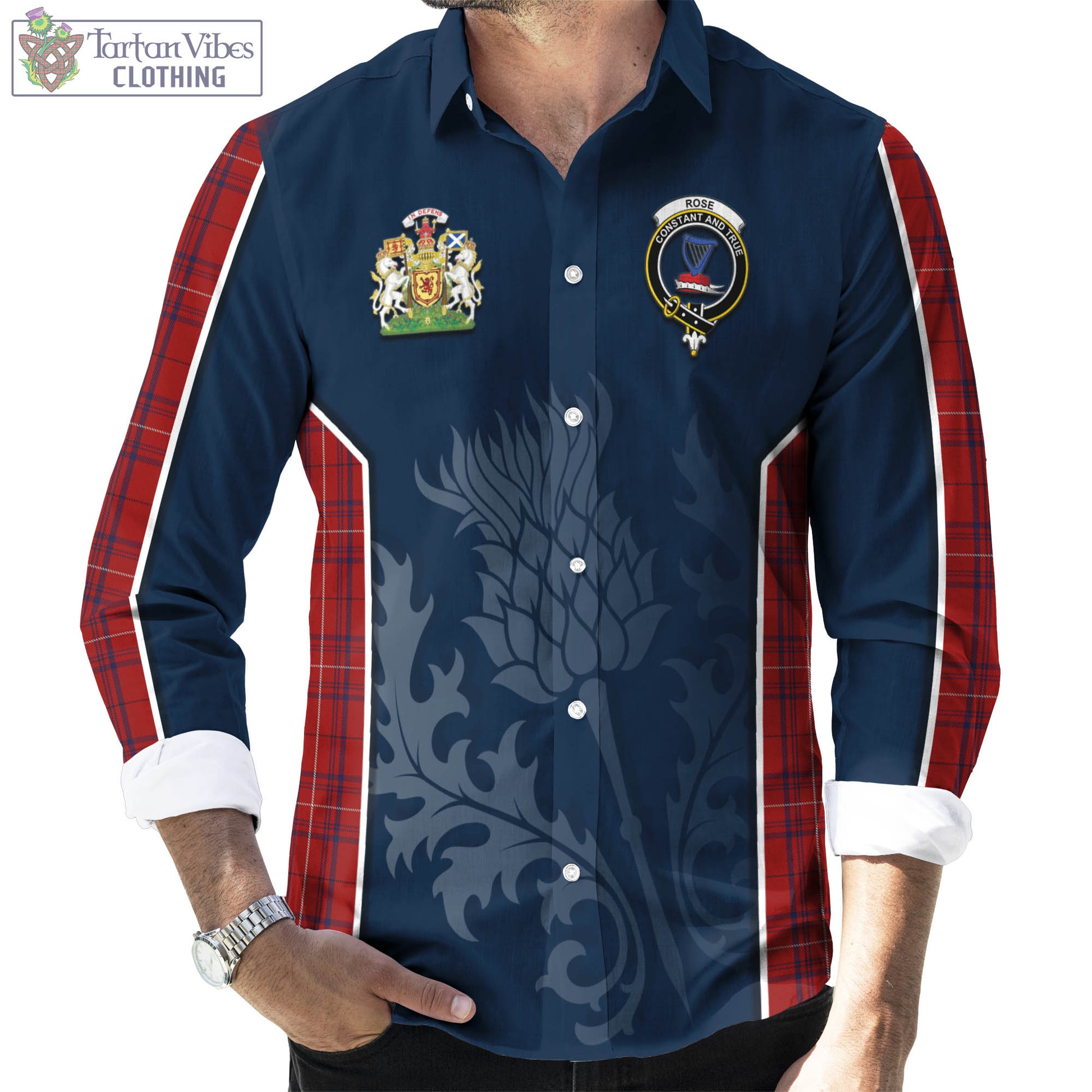 Tartan Vibes Clothing Rose of Kilravock Tartan Long Sleeve Button Up Shirt with Family Crest and Scottish Thistle Vibes Sport Style